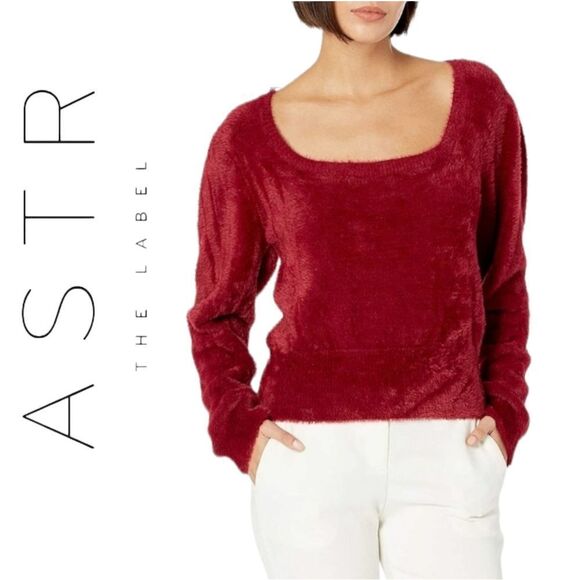 ASTR THE LABEL SQUARE NECK BURGUNDY WINE OX BLOOD FUZZY EYELASH SWEATER XL - Picture 4 of 16
